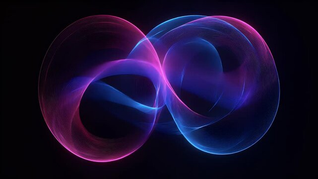 Abstract glowing infinity loop made of neon pink and blue light waves on a dark background. Perfect for tech, energy, balance, futuristic concepts, and digital visual art.

