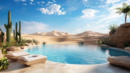 Obraz premium Serene Oasis Pool with Desert Landscape and Clear Blue Sky in a Tranquil Environment