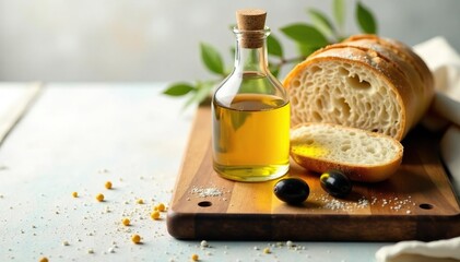 Artisanal bread & olive oil on white, rustic vibe , simple, baking