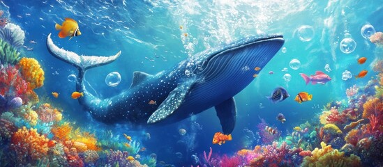 Fototapeta premium Majestic whale amidst vibrant coral reef, colorful fish swim nearby