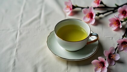 Elegant Green Tea Cup with Cherry Blossom Branch on White Linen Tablecloth