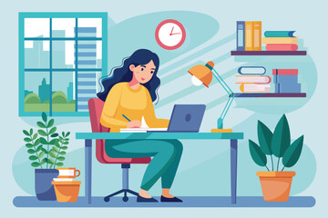 In a bright home office adorned with plants and books, a woman sits at her desk focused on her laptop, jotting down notes while the clock ticks nearby.