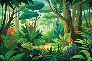 A vibrant display of tropical plants and trees fills the landscape, creating a peaceful atmosphere in a flourishing rainforest setting alive with colors.