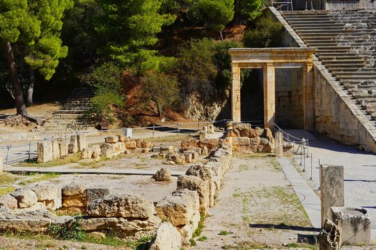 View of the entrance and the actor preparation space (scene) of the famous ancient theatre of the sanctuary of Asclepios in Epidavros, Greece