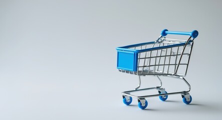 Shopping addiction, love for shopping or shopaholic concept featuring a blue toy cart against a white background. A cart provided by a shop or supermarket.