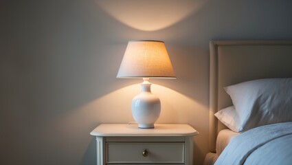 Small lamp illuminating in bedroom nightstand, dimly lit room