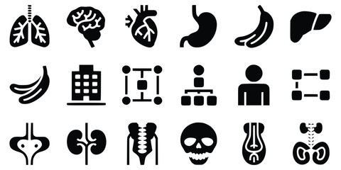 Black Glyph Icons Set With Internal Organs Body And Conceptual Elements