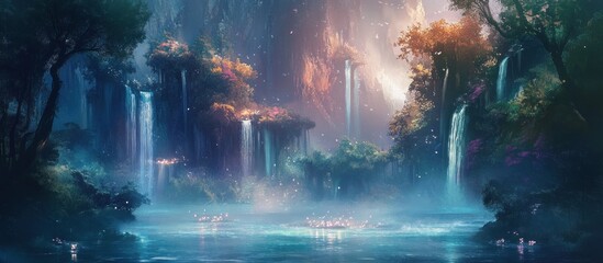 Enchanting waterfalls cascade into a serene pool, nestled within a mystical forest