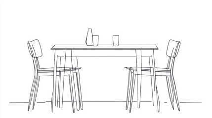 Line drawing dining table and chairs, interior scene, simple design