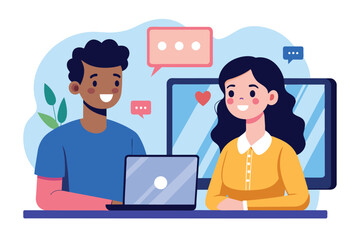 A man and a woman are happily interacting through their laptops, exchanging messages in a comfortable home environment, surrounded by technology.