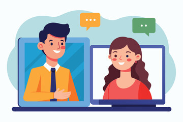 Fototapeta premium A man in a suit and a woman with curly hair are smiling during a virtual meeting, actively engaging in conversation using their laptops with chat bubbles visible.