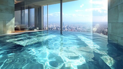 Fototapeta premium Luxurious Infinity Pool with Breathtaking City View from Modern High-Rise Apartment on a Sunny Day