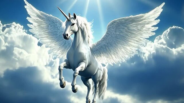 Majestic winged unicorn soaring through clouds under bright sunlight