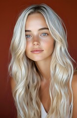 Naklejka premium Young Caucasian woman with long platinum blonde wavy hair and natural makeup poses against brown background. Fresh glowing skin and blue eyes create striking portrait.