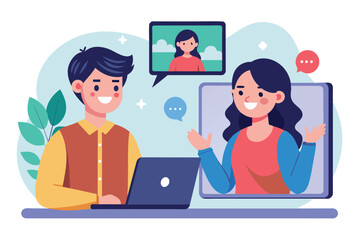 Fototapeta premium A man and a woman interact in a lively virtual meeting, with the woman appearing on a video call, both appearing happy and engaged in conversation.