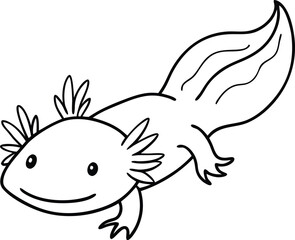 Adorable Cartoon Axolotl Drawing in Black and White Line Art Style