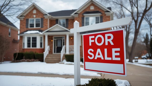 Sign indicating sale in front of a detached house located in a residential area. - Powered by Adobe