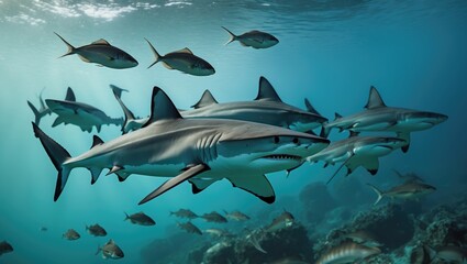 Fototapeta premium Pack of sharks swimming in the blue depths of the ocean. Underwater shark group. Shark encounter in the aquatic realm.