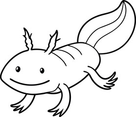 Adorable Cartoon Axolotl Drawing in Black and White Line Art Style