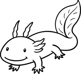 Adorable Cartoon Axolotl Drawing in Black and White Line Art Style