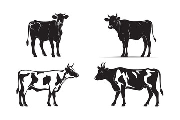 Cow Silhouette set Vector Collection Farm Animal Standing Poses