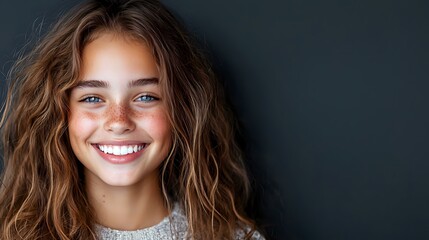 Naklejka premium Young woman with wavy brown hair and bright genuine smile against dark background, radiating happiness and confidence in casual portrait style.