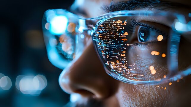 Programmer viewing code reflection in glasses with blue light and bokeh effects, close-up shot showing software development and modern technology concept.