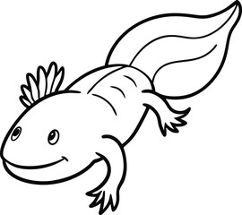 Adorable Cartoon Axolotl Drawing in Black and White Line Art Style