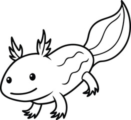 Adorable Cartoon Axolotl Drawing in Black and White Line Art Style