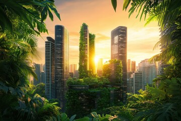 Futuristic skyscrapers blend harmoniously with lush greenery at sunset