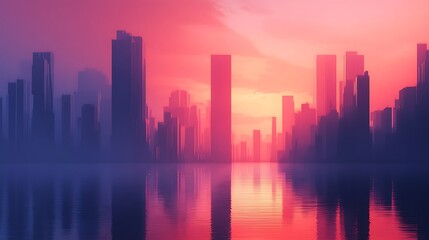Obraz premium Pink sunset over hazy city skyline reflected in calm water.