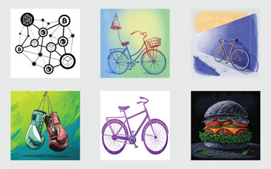 Vector illustration set of bicycle silhouettes and cartoon cyclists design for sport and travel fun