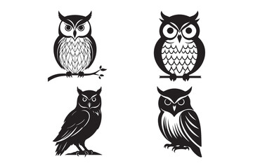 Owl Silhouette Vector Set Nocturnal Bird Icons, Wisdom Animal Graphic Designs