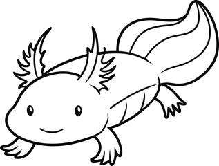 Adorable Cartoon Axolotl Drawing in Black and White Line Art Style