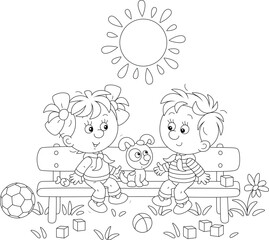 Funny little boy and girl with a cheerful puppy talking happily on a small bench at a playground in a park on a warm summer day, black and white vector cartoon illustration