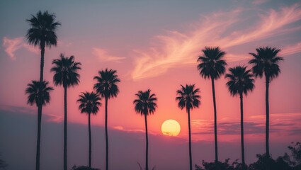 Obraz premium Silhouettes of palm trees set against the sky at sunset.