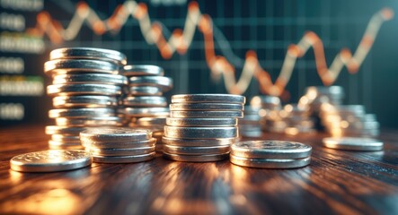 Silver bars and coins alongside a price chart illuminated by light. Concept of rising prices.