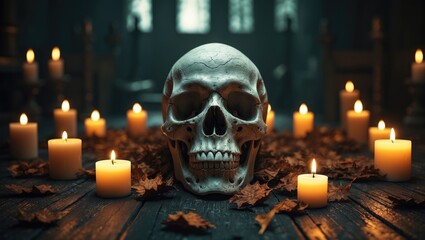 Skull surrounded by candles in an atmosphere of darkness, evoking a chilling night of costumes within a haunted house.