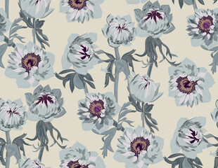 Flowers and leaves in vintage style, seamless pattern