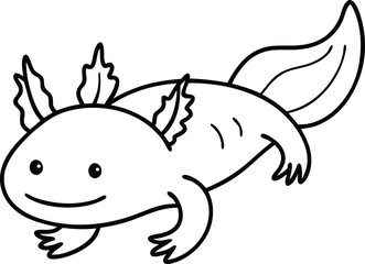 Adorable Cartoon Axolotl Drawing in Black and White Line Art Style