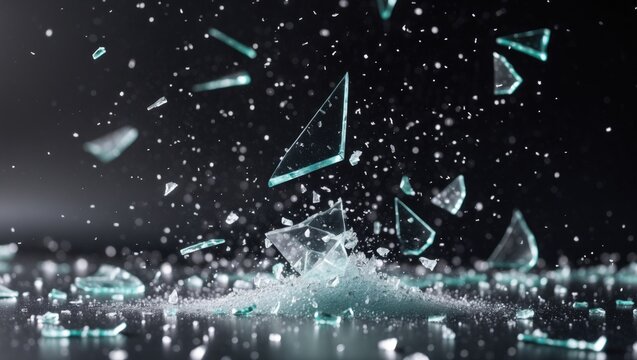 Shattered and broken glass shards dispersing in the air after a window is crushed against a dark background.
