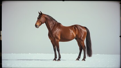Obraz premium The bay horse standing alone against a white background.