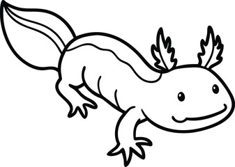 Adorable Cartoon Axolotl Drawing in Black and White Line Art Style