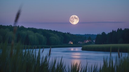 The full-moon rises above the expansive river, forest, and village during the daytime, creating a serene evening (quiet evening romantic nature). Captured with a telephoto lens from a distance.