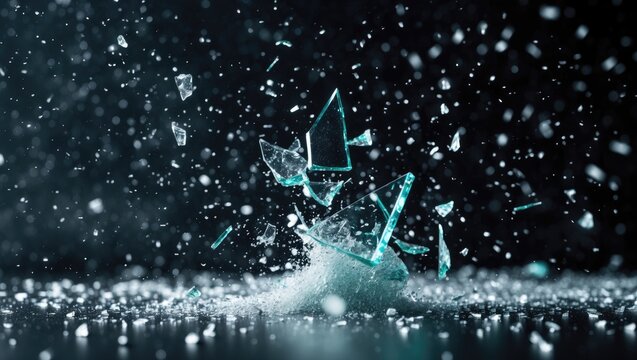 Shattered and fragmented glass shards soaring through the air after a crushed broken window against a black backdrop.