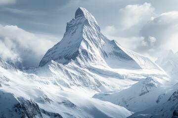 Majestic snow-covered mountain peaks rising under dramatic cloudy skies in winter