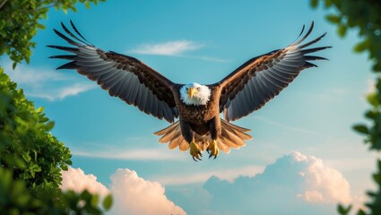 Thai Asian bald eagle flies through the clear blue sky.