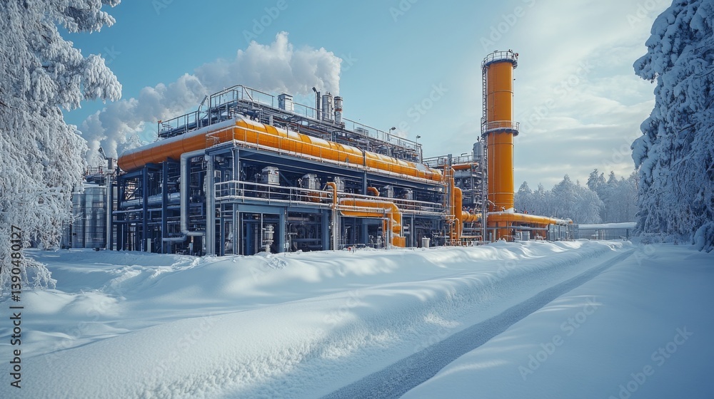 Poster a power generation facility stands amidst a snowy landscape, showcasing infrastructure dedicated to 