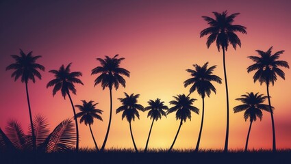 Silhouette of palm trees against a beach backdrop.