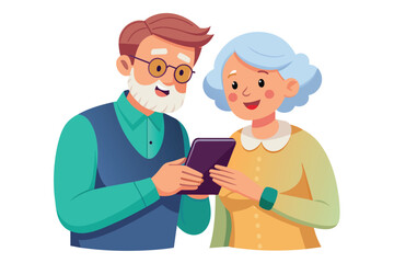 An elderly couple enjoys a light-hearted moment together as they explore a smartphone, smiling and engaging with each other in a warm, affectionate atmosphere.